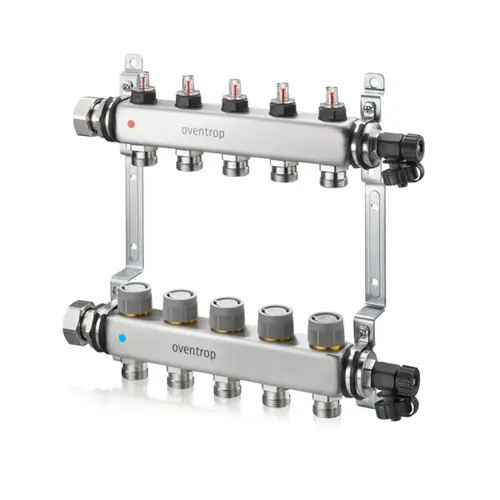 Heizkreisverteiler mit mehreren Anschlüssen und integrierten Durchflussindikatoren. Das Produkt ist aus Metall gefertigt und trägt die Marke Oventrop.